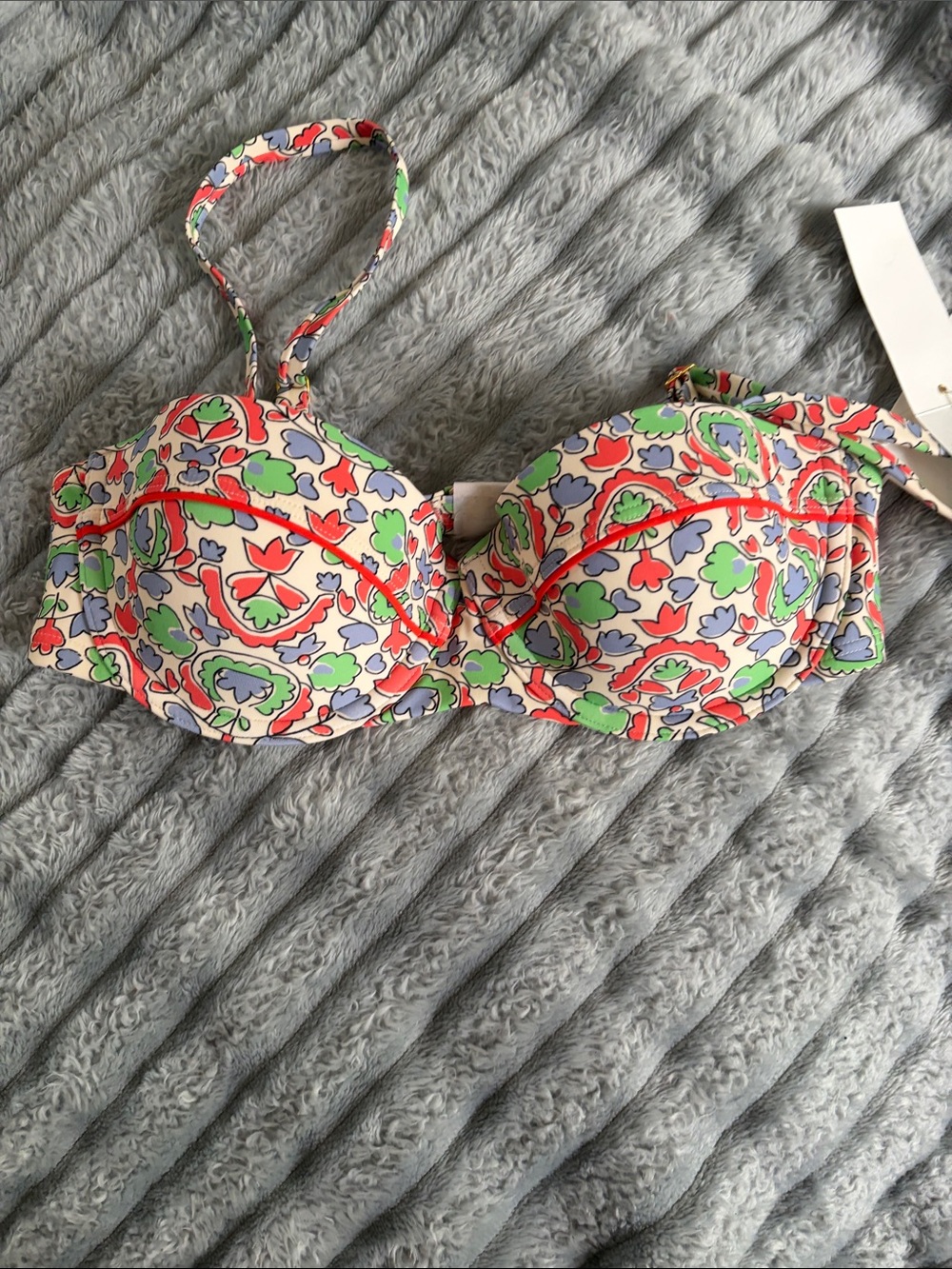 Tory Burch Cream Floral Print Padded Bikini Top with Red, Green & Blue Accents